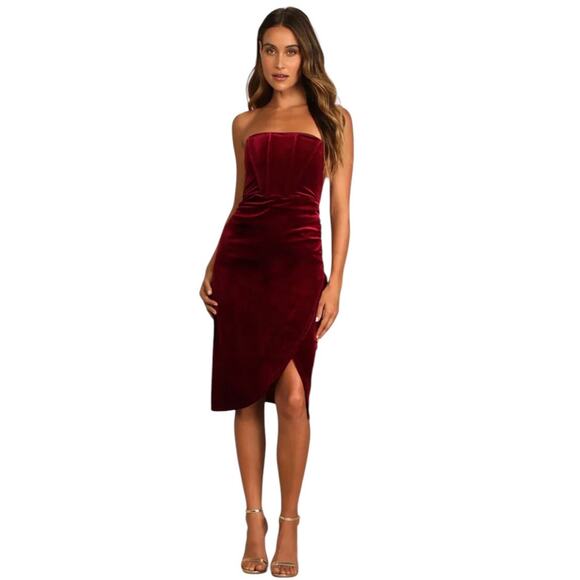 Lulu's Dresses & Skirts - LULUS Glamorous Celebrations Wine Red Velvet Strapless Bustier Tulip Dress-Sz S